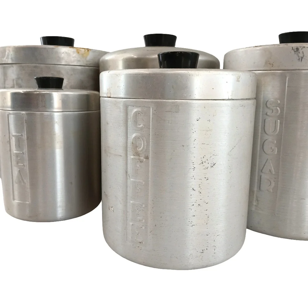Vintage Aluminum Canister Kitchen Containers Flour Sugar Tea Coffee Lot of 5